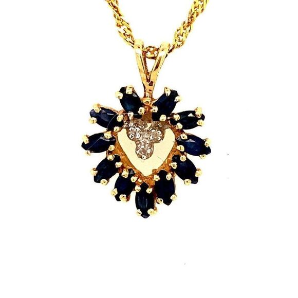 14k Blue Sapphire/Diamond Heart Necklace - Picture 5 of 15